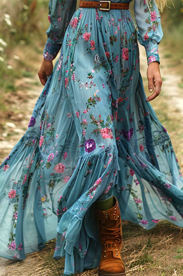 Floral Print V-neck Long-sleeved Bohemian Vacation Style Maxi Dress