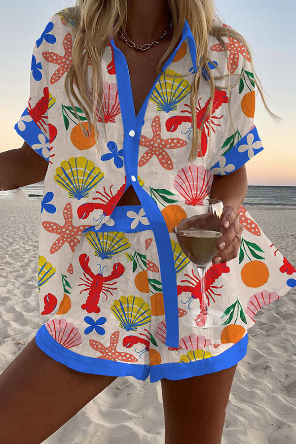 Cartoon Pattern Print Loose Button Elastic Waist Shorts Set