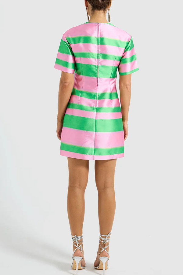 Fun and Colourful Satin Color Block Short Sleeve Loose Mini Dress