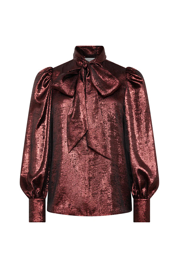 Ariella Metallic Satin Fabric Tie-up Bow Neck Long Sleeve Blouse
