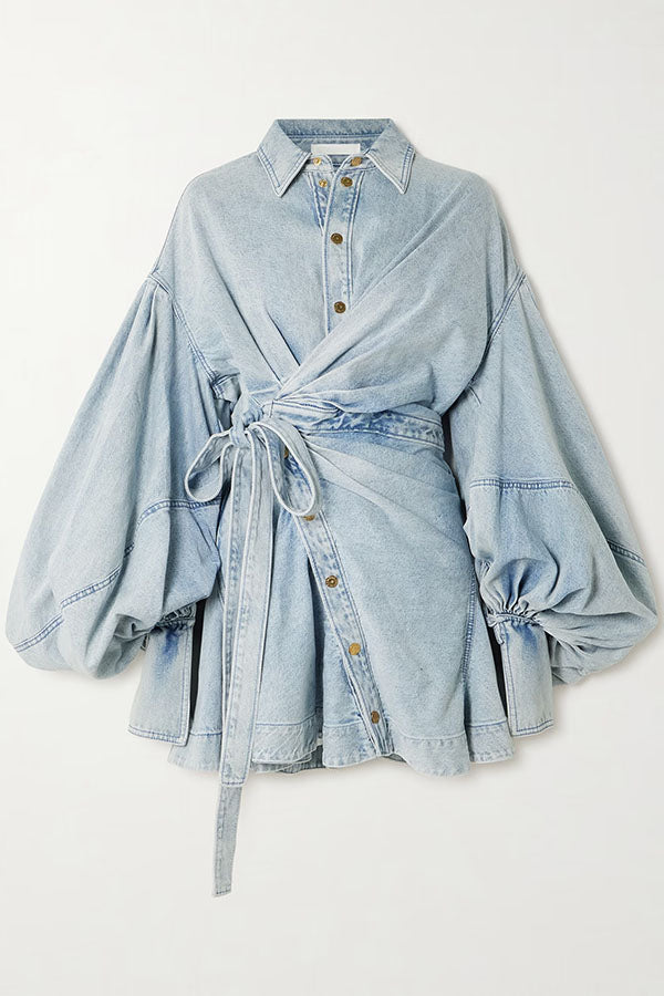 Yaron Denim Button Twisted Shape Wrap Long Balloon Sleeve Shirt Mini Dress