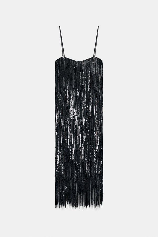 Chic Celebration Layered Sequined Tassels Slip Strapless H-line Midi Dress