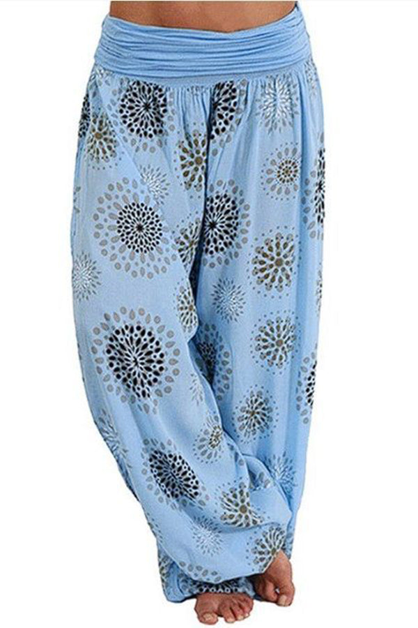 Digital Print Elastic Waist Pleated Long Pants