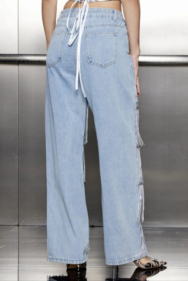 Stylish High-waisted Pocket Tassel Casual Straight Leg Jeans