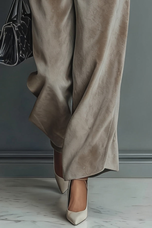 Stylish Velvet Turtleneck Long-sleeved Top and Casual Pocket Wide-leg Pants Set