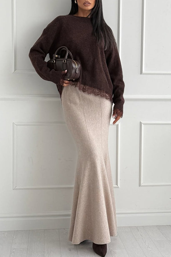 Caitlin Knit Lace Trim Patchwork Long Sleeve Back Slit Relaxed Sweater