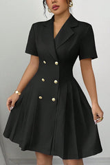 Solid Color Lapel Short Sleeve Button Waist Mini Dress