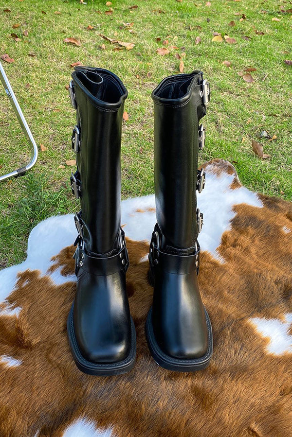 Vintage Belt Buckle Chunky Heeled Long Biker Boots