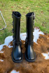 Vintage Belt Buckle Chunky Heeled Long Biker Boots