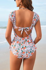 Floral Print Square Neck Stretch One-piece Swimsuit and Elegant Tulle Scarf Set