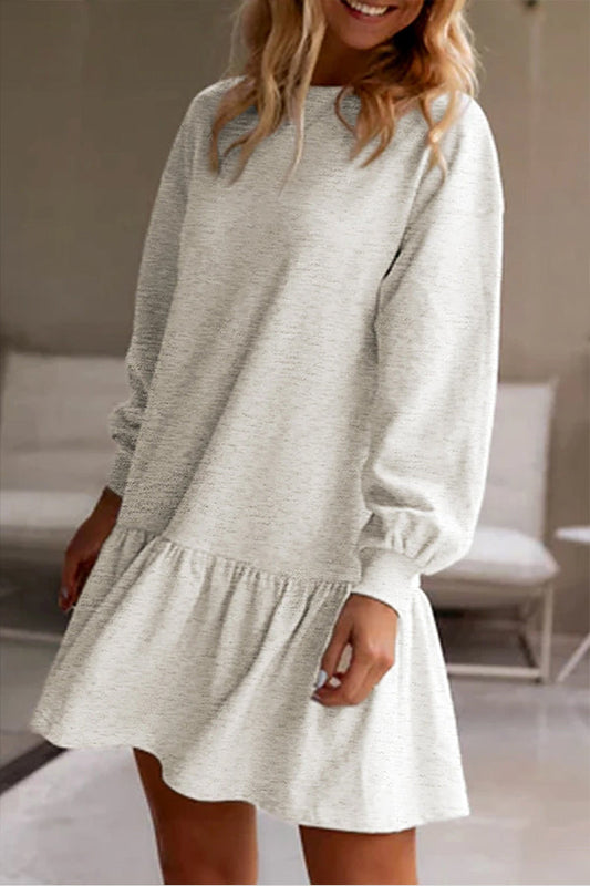 White Solid Color Ruffle Hem Mini Sweatshirt Dress