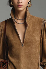 Stylish Loose-fitting Suede Zip-up V-neck Mini Dress