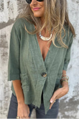 Linen Blend Solid Color Loose V-neck Button-down Casual Top