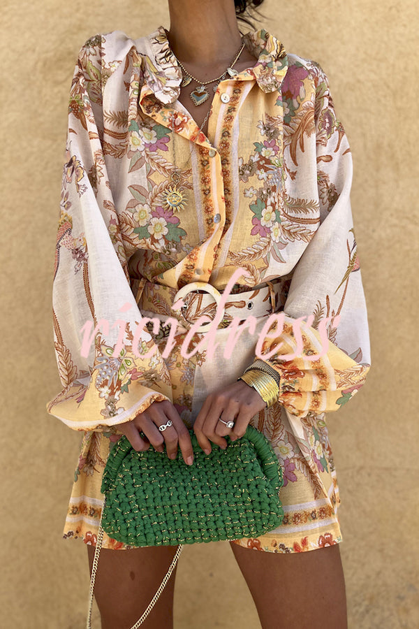 Botanical Print Palace Style Stand-up Collar Lantern Sleeve Loose Top and Casual Shorts Set