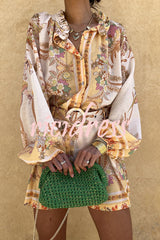 Botanical Print Palace Style Stand-up Collar Lantern Sleeve Loose Top and Casual Shorts Set