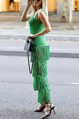 Solid Color Sleeveless Slim Fit Fringed Hem Knitted Midi Dress