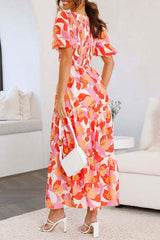 Holiday Flower Print Puff Sleeve Midi Dress