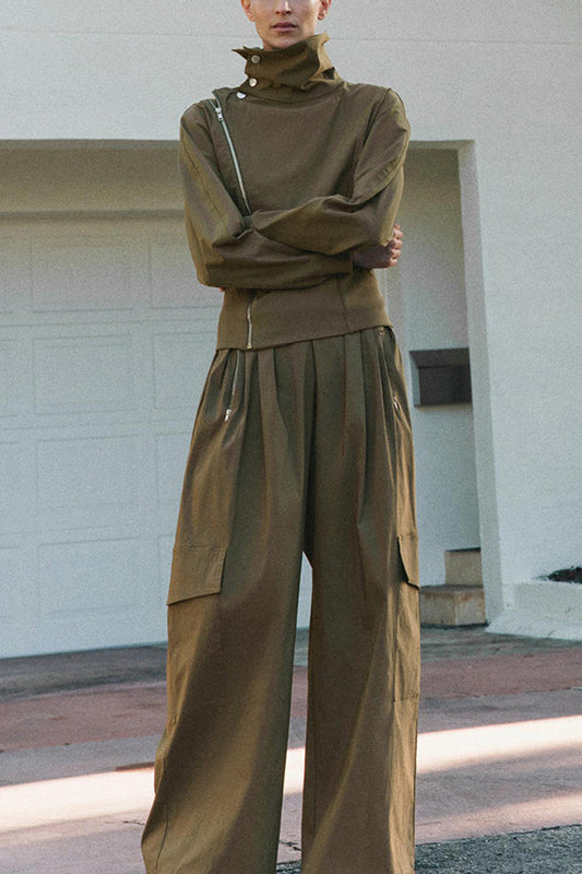 Fashionable Elastic Waist Workwear Wide-leg Pants