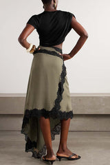 Verve Ribbed Jersey Cutout Waist Asymmetric Satin Lace Hem Maxi Dress