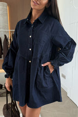 Fashion Heart Button Long Sleeve Casual Pocket Denim Mini Dress