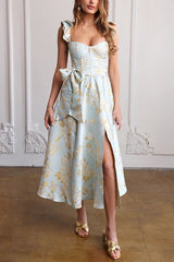 Baroque Floral Sweetest Ruffle Back Smocked Corset Midi Dress