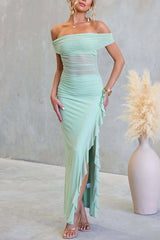 Sexy Mesh Off-shoulder Slim Fit Ruffled Slit Maxi Dress