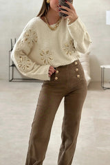 Fashionable Sequined Floral Loose Long-sleeved Knit Sweater