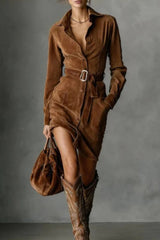 Fashion Suede Long Sleeve Waist Belt Pocket Slim Fit Mini Dress