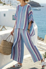 Linen Blend Unique Print Half Sleeve Top and Elastic Waist Pocket Loose Pants Set