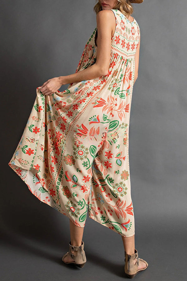 Vintage Boho Floral Print Pocketed Loose Jumpsuit