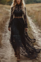 Elegant Hollow Lace Long Sleeve Slim Holiday Maxi Dress