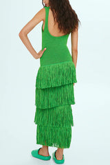 Solid Color Sleeveless Slim Fit Fringed Hem Knitted Midi Dress