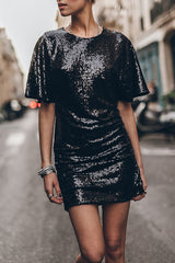 Countdown Celebration Sequin Short Bell Sleeve Open Back Ruched Mini Dress