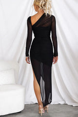 Fashionably Mesh Overlay Asymmetrical Design Ruched Stretch Maxi Dress