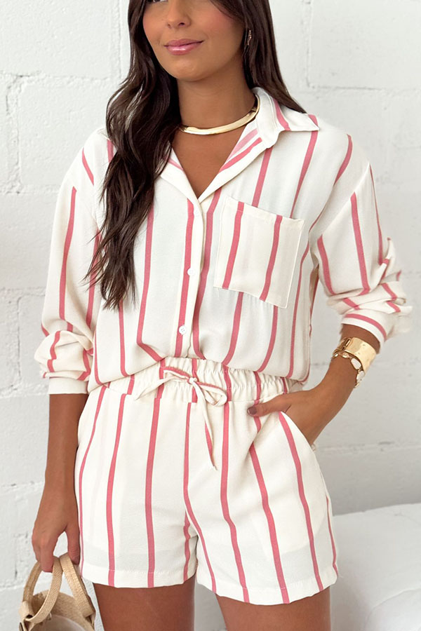 Leisure Time Striped Print Button Long Sleeve Shirt and Elastic Waist Pocket Loose Shorts Set