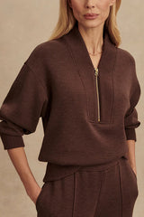 Meet The Autumn Ribbed Zipper Neck Sweatshirt and Elastic Waist Pocketed Loose Pants Set