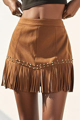Fashion Suede Studded Tassel Hem Mini Skirt