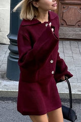 Fashion Lapel Bell Sleeve Knitted Cardigan and Casual Mini Skirt Set