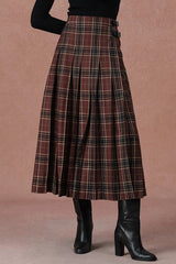Yehudit Plaid Belt Buckle Design High Rise Pocket Midi Umbrella Skirt