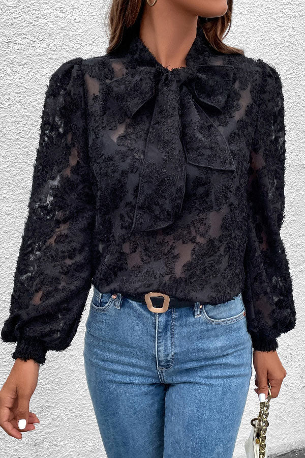 Se See-through Tie Balloon Sleeve Blouse