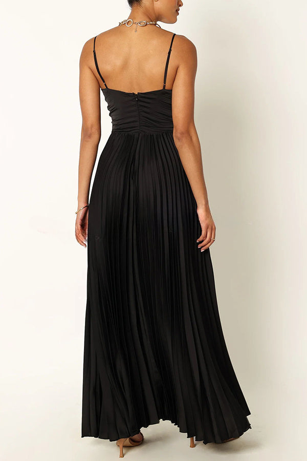 A Dreamy Escape Satin Adjustable Straps Pleated Maxi Dress