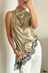 Nayla Satin Lace Trim High Neck Irregular Slit Hem Sleeveless Top