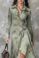 Fashionable Tie Dye Long-sleeved Slim-fit Tie-wst Irregular Maxi Dress