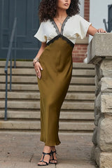 Fashionable Contrast Color V-neck Lace Stitching Maxi Dress