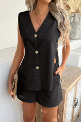 Solid Color Holiday Style V-neck Button Vest and Elastic Waist Casual Pocket Shorts Set