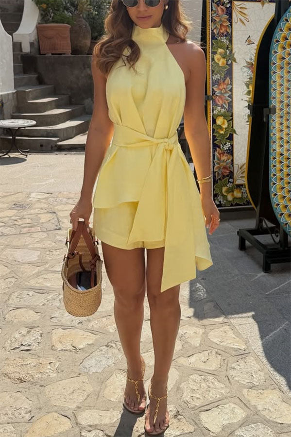 Sira Linen Blend Tie-up Halter Backless Tank and Elastic Waist Pocket Loose Shorts Set