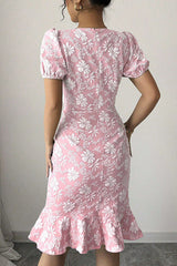 Floral Pattern Round Neck Puff Sleeve Fitted Midi Dress