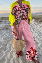 Floral Python Print Oversized Shirt and Elastic Waist Pocket Pants Set