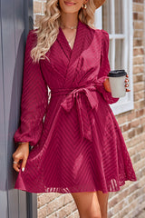 Striped Lace Cutout Belted Long Sleeve Mini Dress