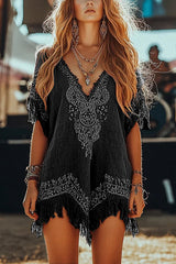 Unique Printed V-Neck Short Sleeve Fringe Loose Mini Dress